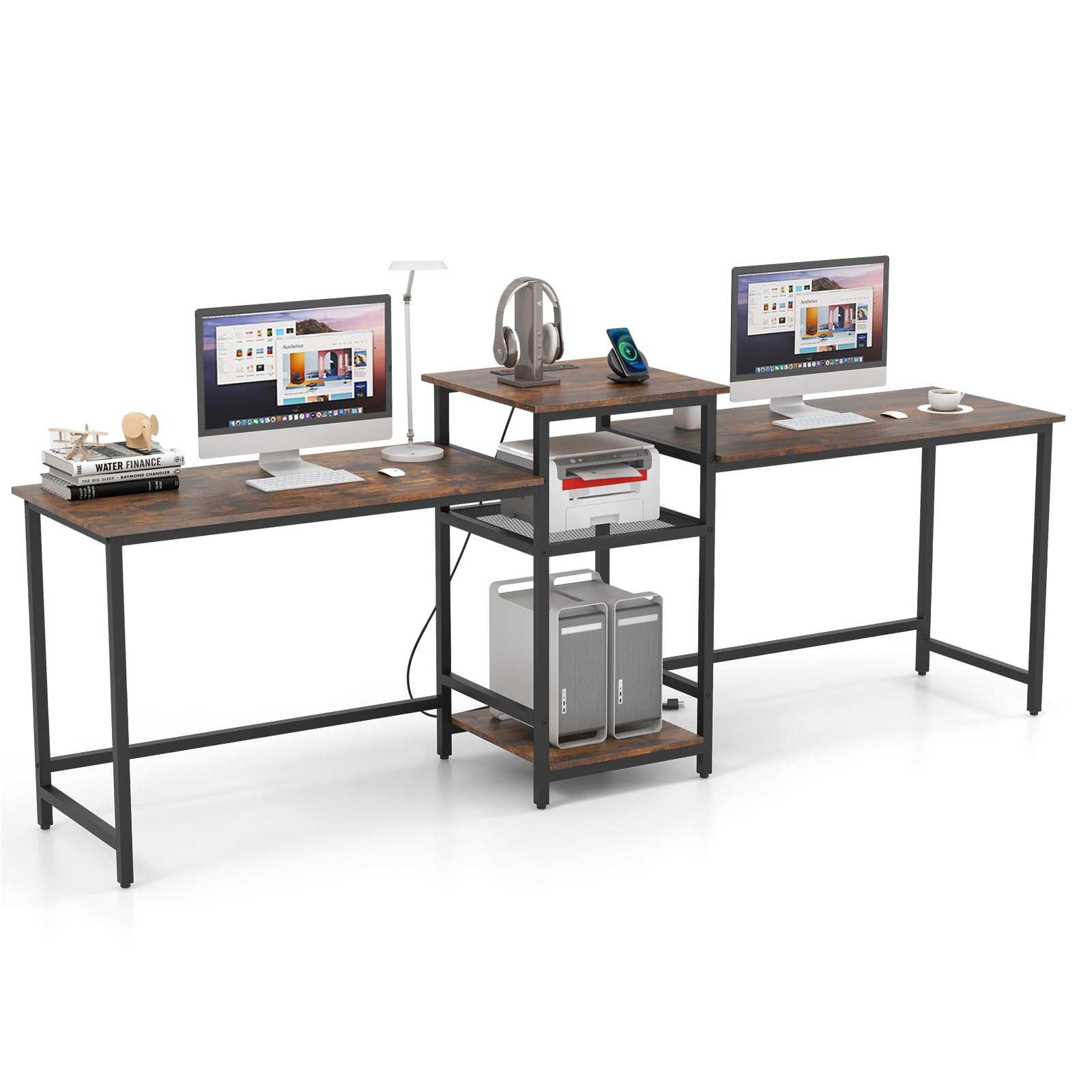 Tangkula Bureau Informatique Extra Long 2 Personnes de 246 cm avec Prise de Courant